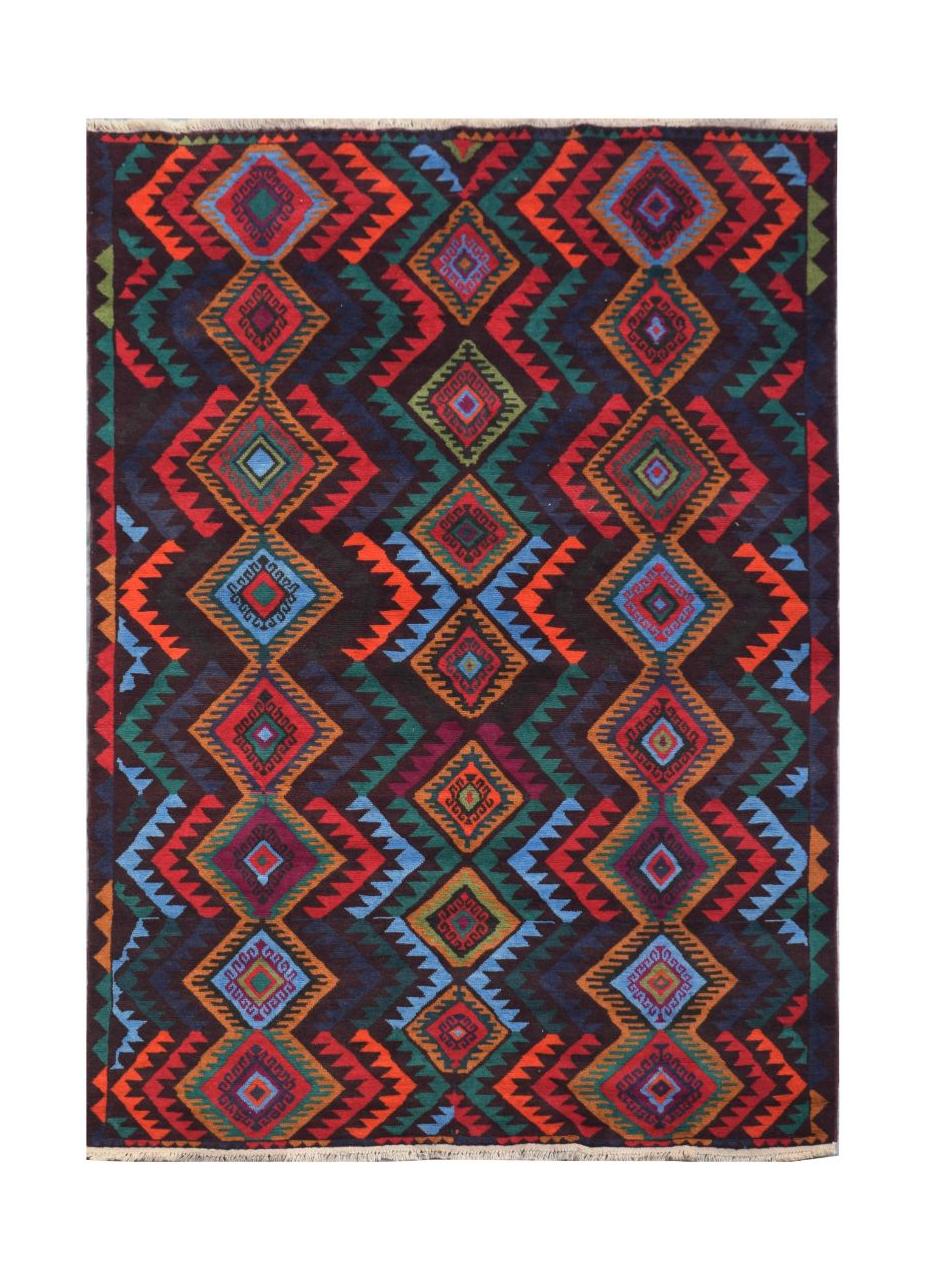 Handmade Afghan wool rug featuring a dark background with a vibrant, geometric diamond pattern.