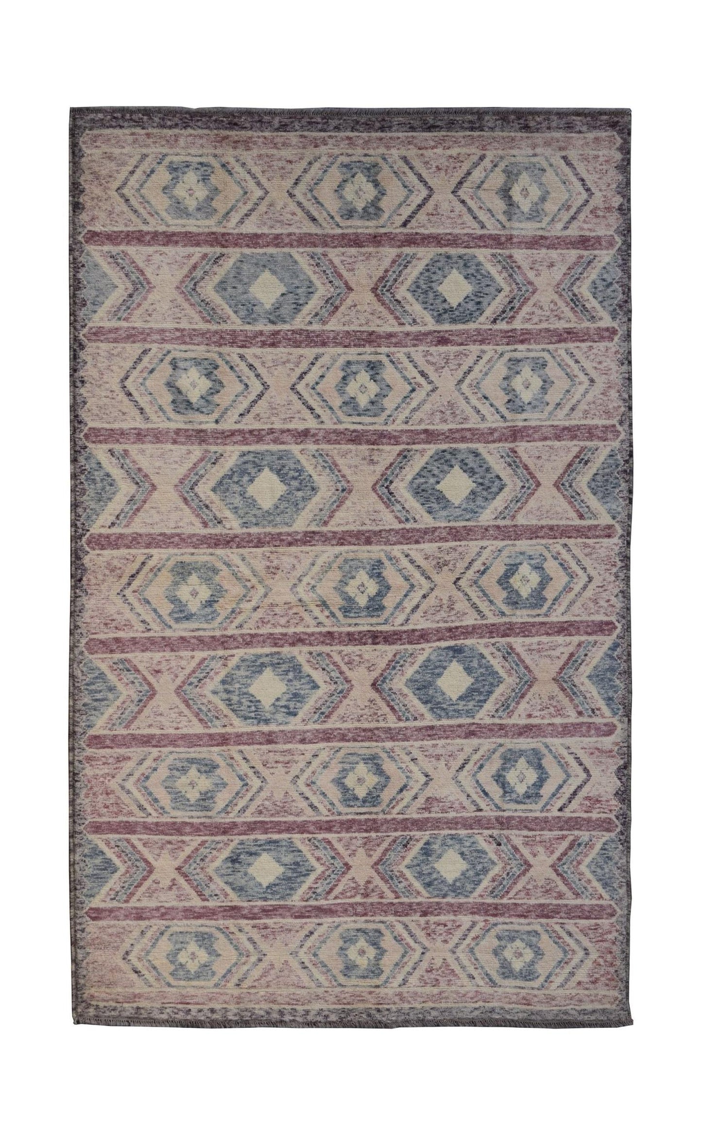 Handmade Afghan wool rug featuring a repeating geometric diamond pattern in blue and muted red.