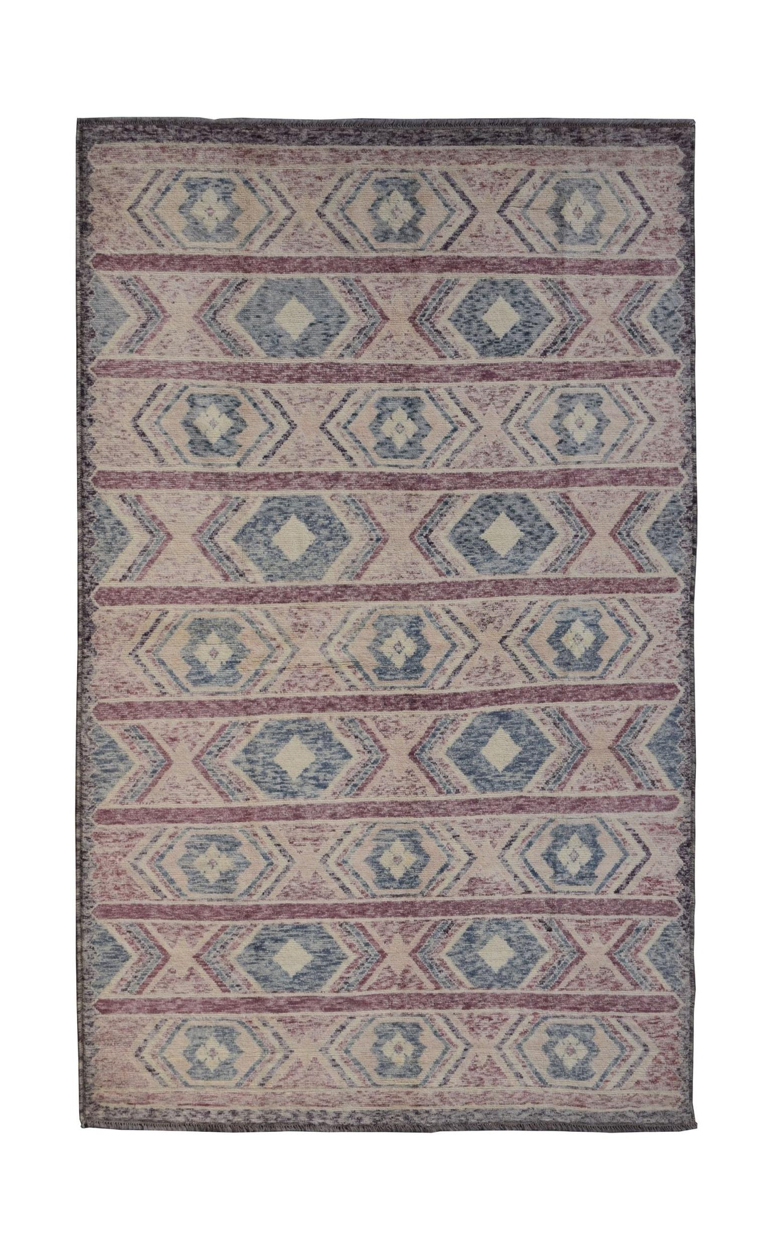 Handmade Afghan wool rug featuring a repeating geometric diamond pattern in blue and muted red.