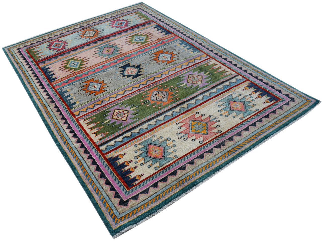 A handmade Afghan wool rug featuring colorful horizontal bands with intricate tribal patterns.