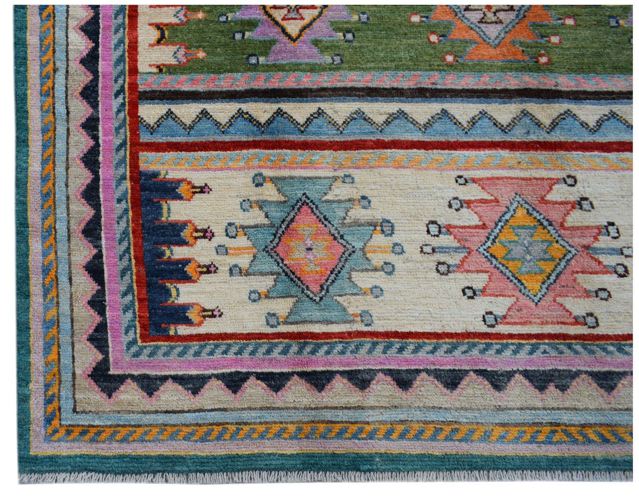 Handmade Afghan wool rug featuring colorful geometric tribal patterns on a cream background.