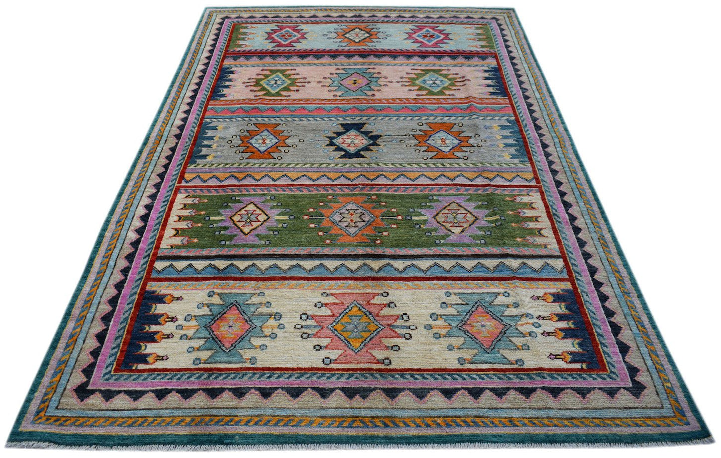 Handmade Afghan wool rug featuring colorful horizontal bands with geometric tribal patterns.