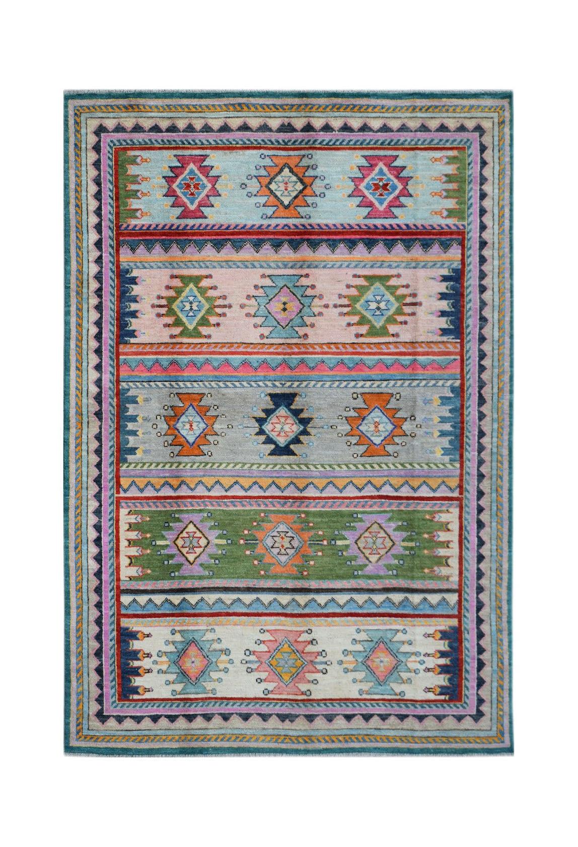 Handmade Afghan wool rug featuring colorful horizontal bands with intricate tribal diamond patterns.