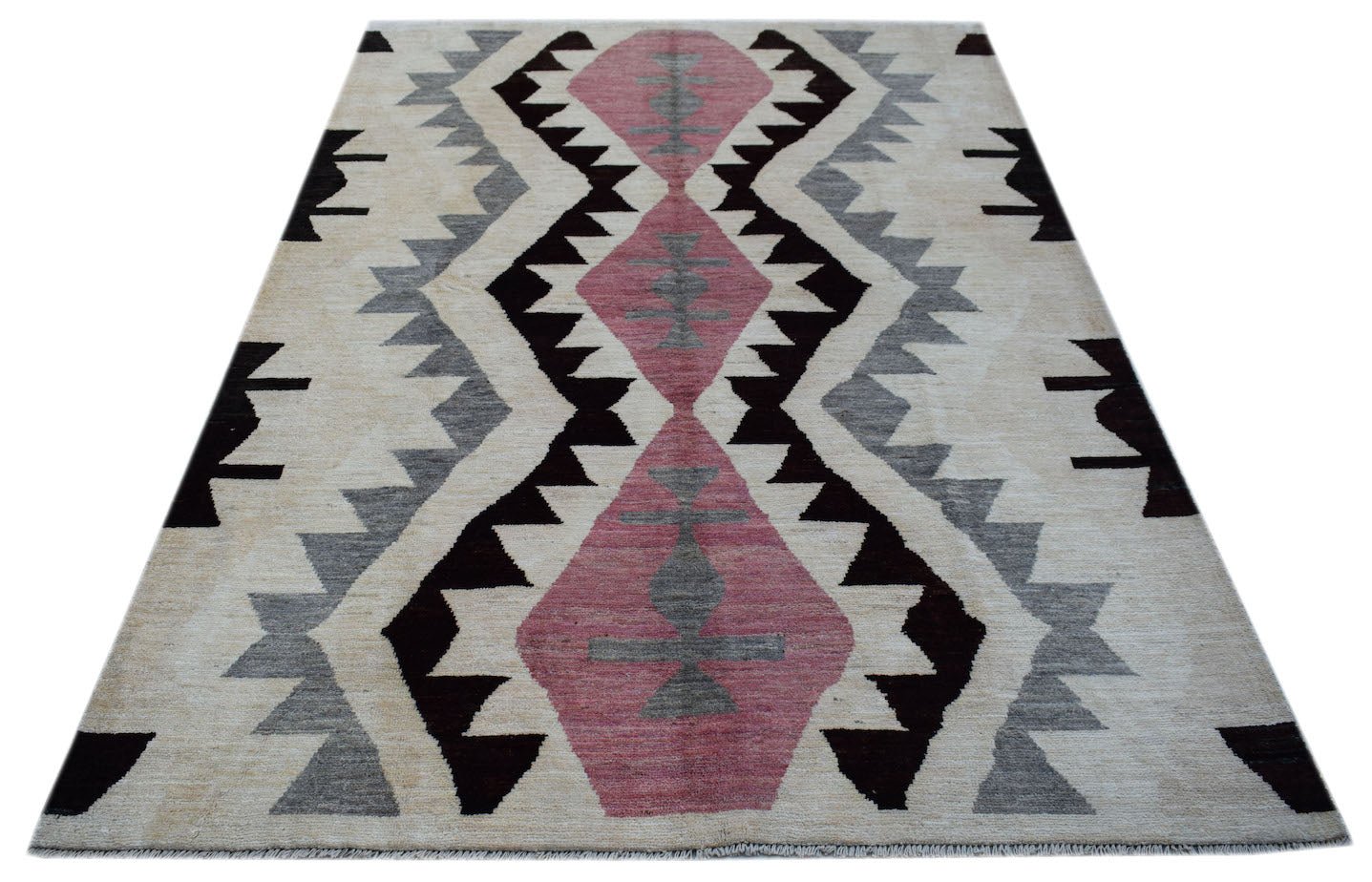 Handmade Afghan wool rug featuring a geometric tribal pattern in pink, grey, and dark brown.