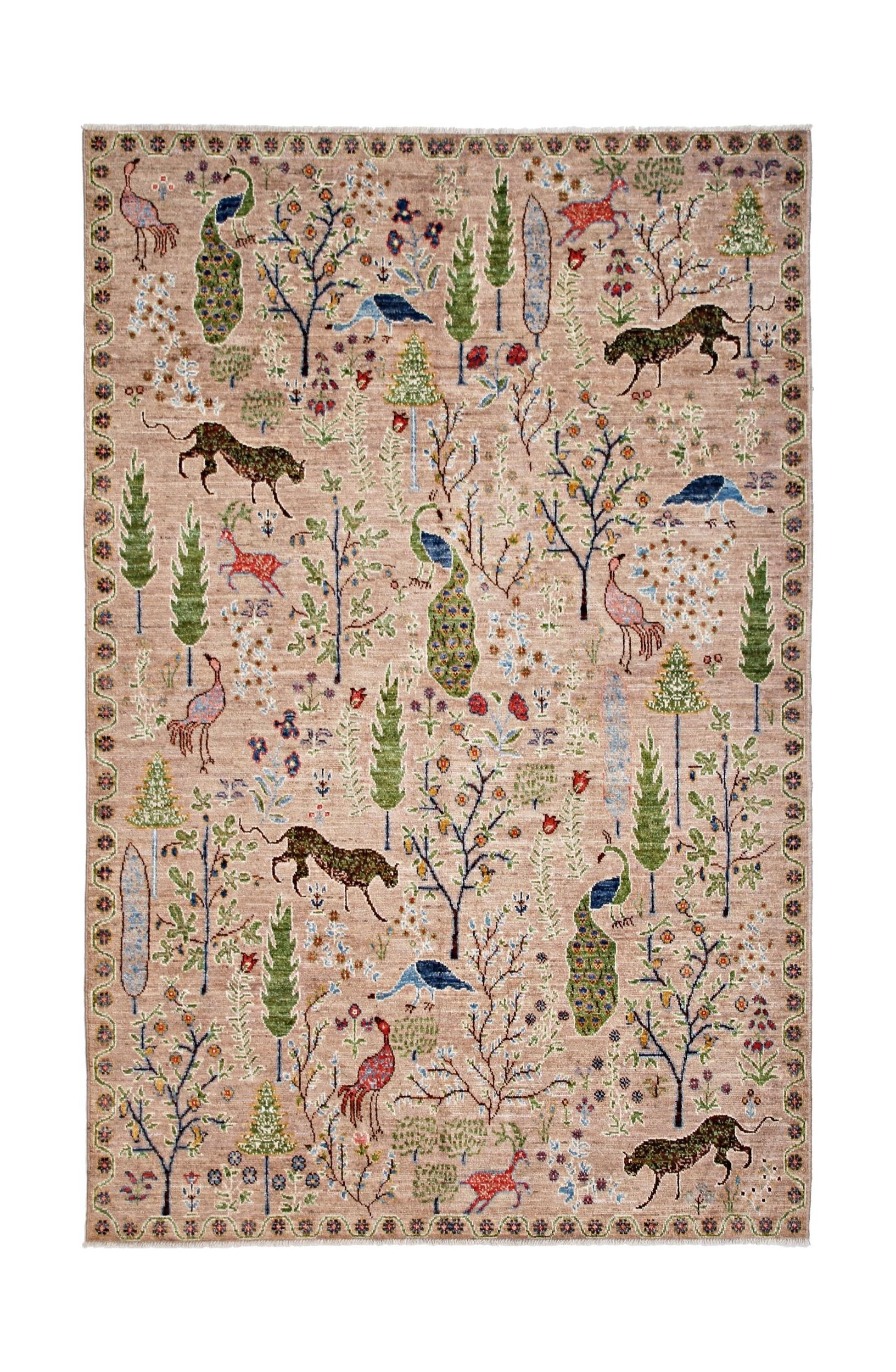 Handmade Afghan Pashm rug featuring a tan field with a colorful, intricate pattern of animals and trees.