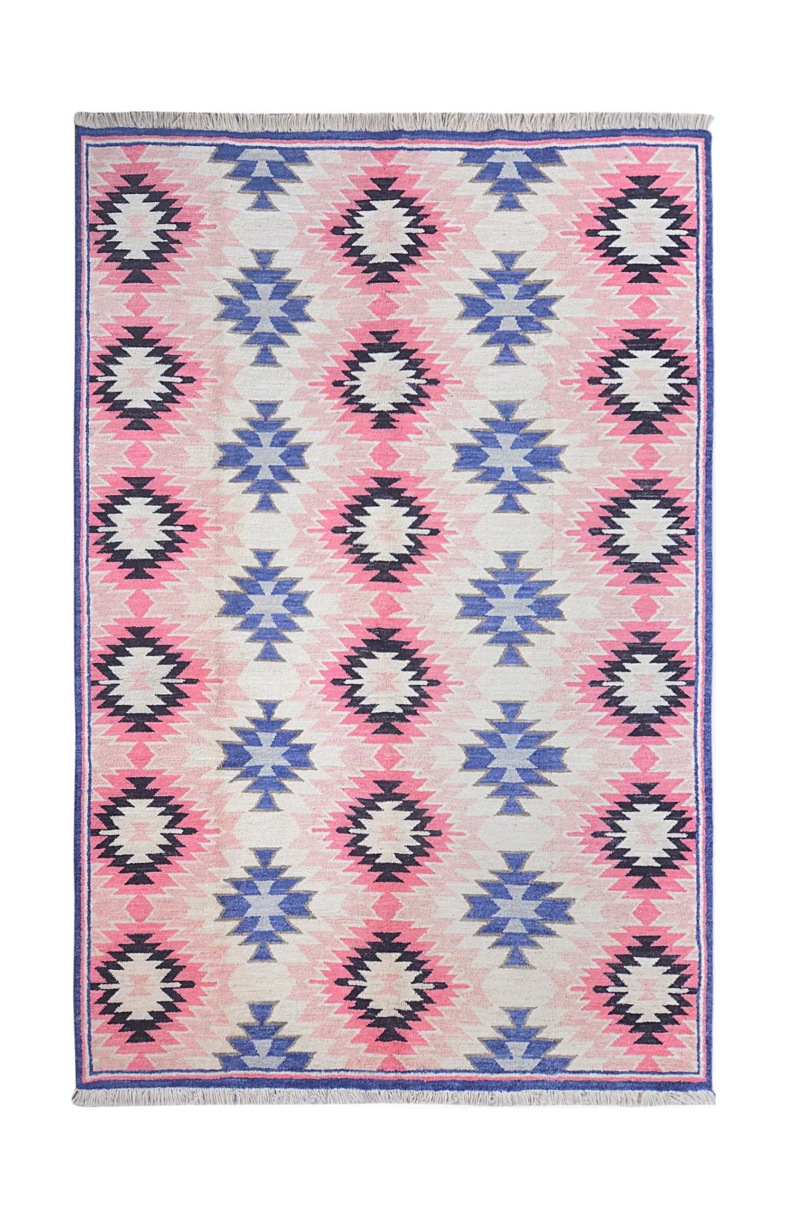 Handmade Afghan wool rug featuring a geometric tribal pattern in pink, blue, and cream.