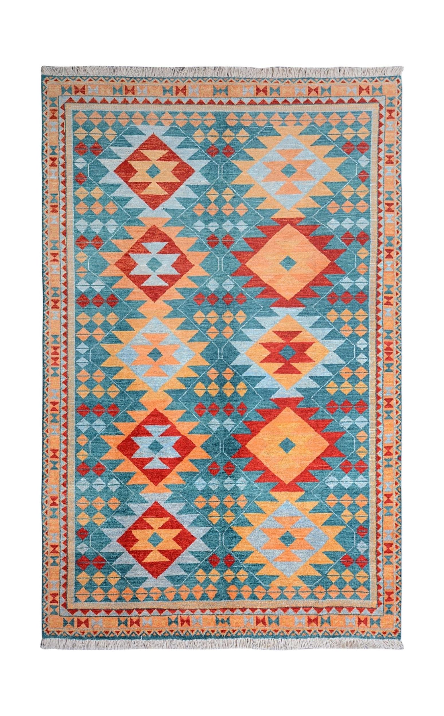 Handmade Afghan wool rug featuring a geometric tribal pattern in blue, orange, and red tones.