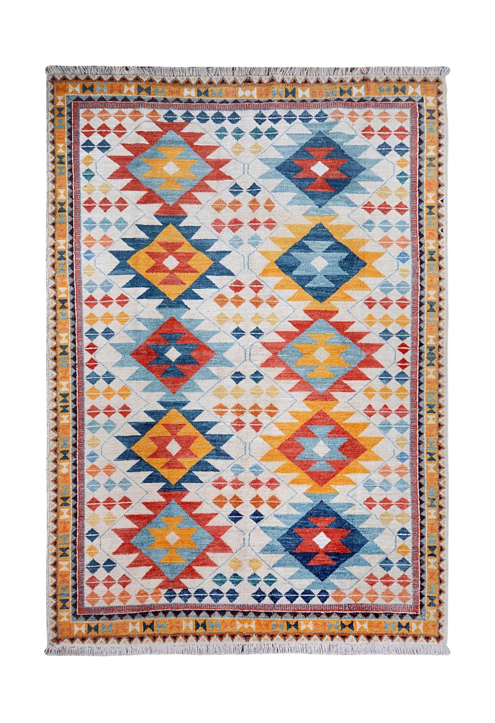 Handmade Afghan wool rug featuring a colorful geometric tribal pattern on a cream background.