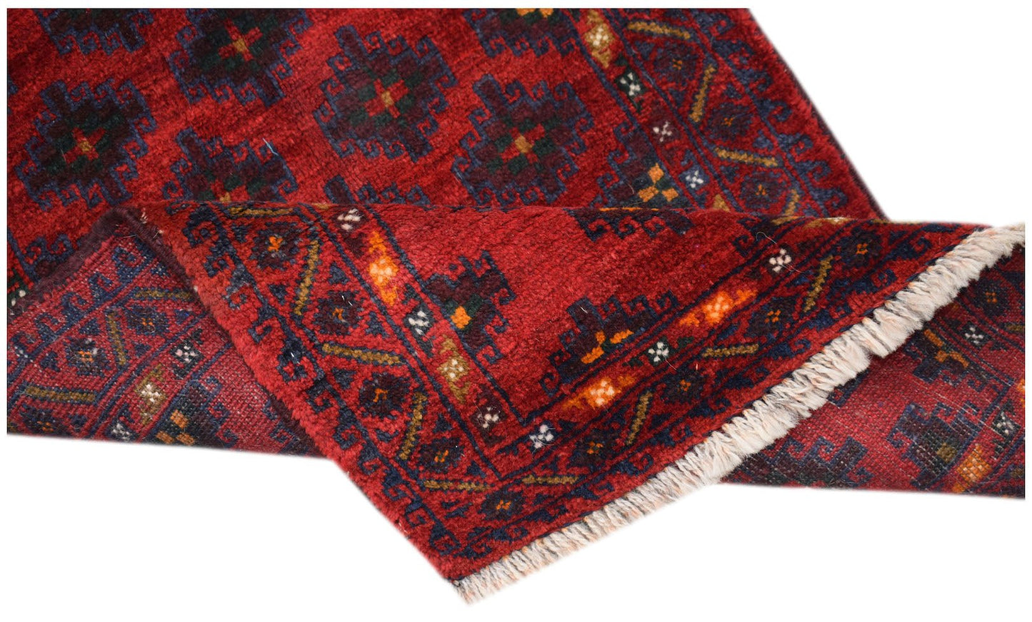 A vintage Afghan Baluch wool rug featuring a red field with dark geometric patterns and fringe.