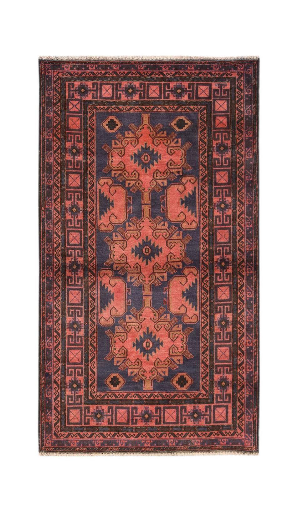 A vintage Afghan Baluch rug featuring geometric tribal patterns in red and dark blue wool.
