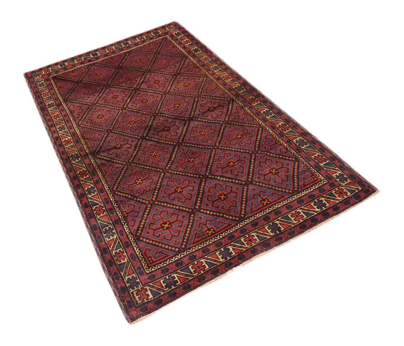 A vintage Afghan Baluch rug featuring a repeating diamond pattern in deep red and blue tones.