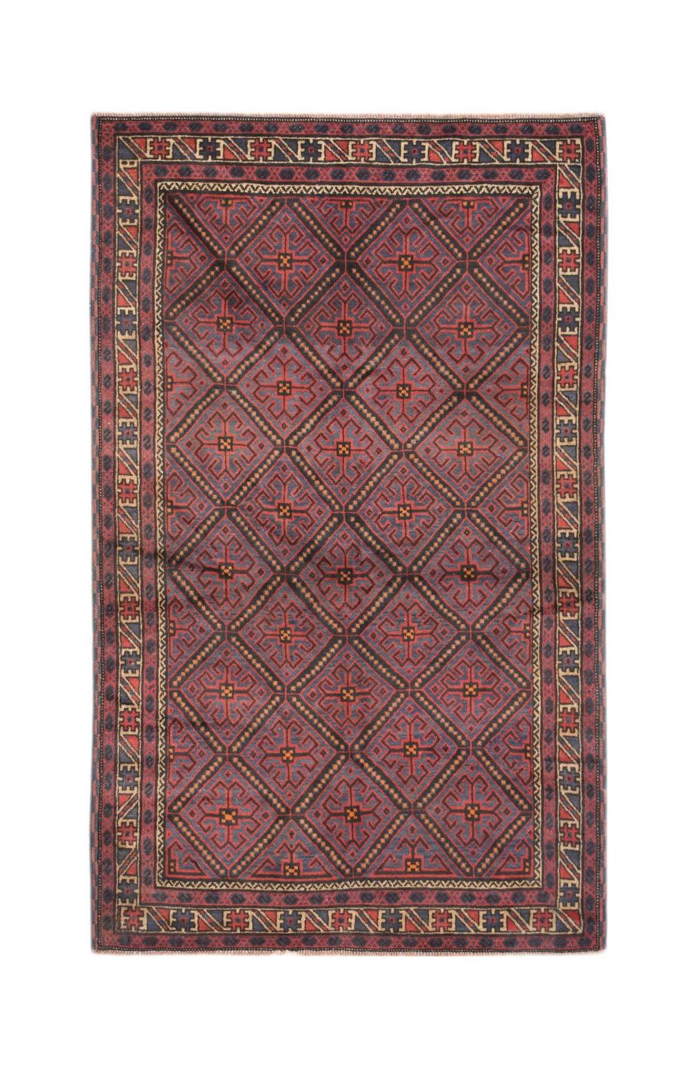 A vintage Afghan Baluch rug featuring a repeating diamond pattern in deep red and blue tones.