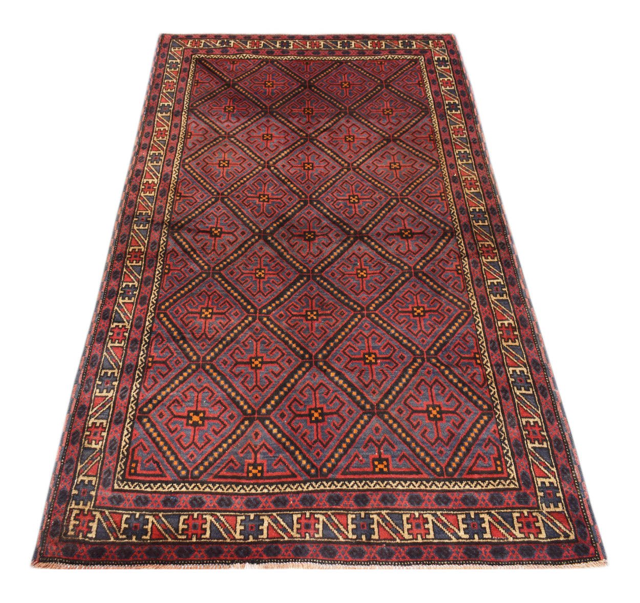 A vintage Afghan Baluch rug featuring a repeating diamond pattern in red and dark blue tones.