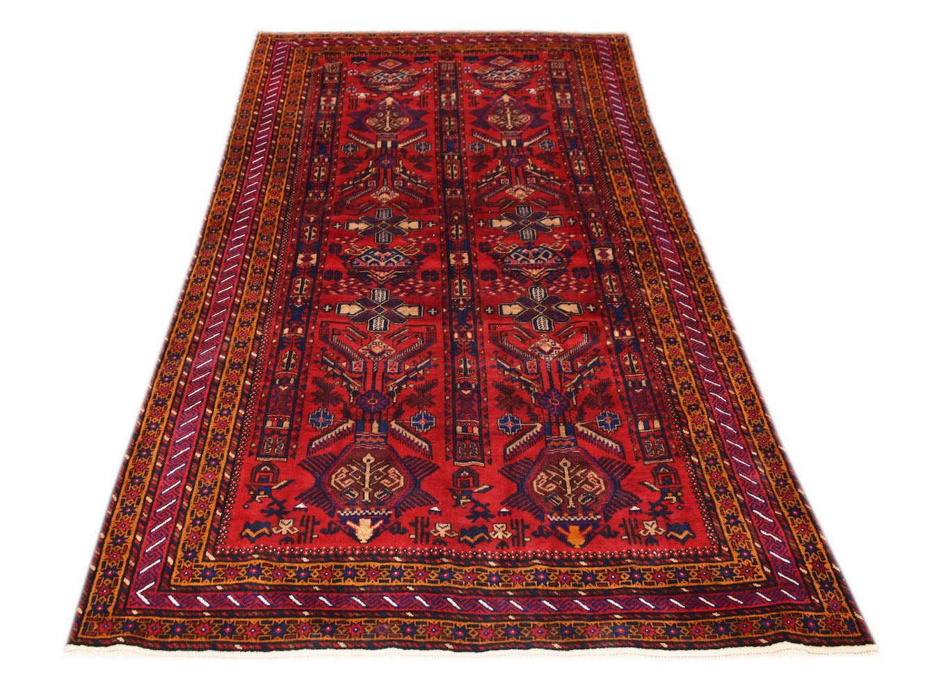 A vintage handmade Afghan Baluch rug featuring a traditional red geometric pattern.