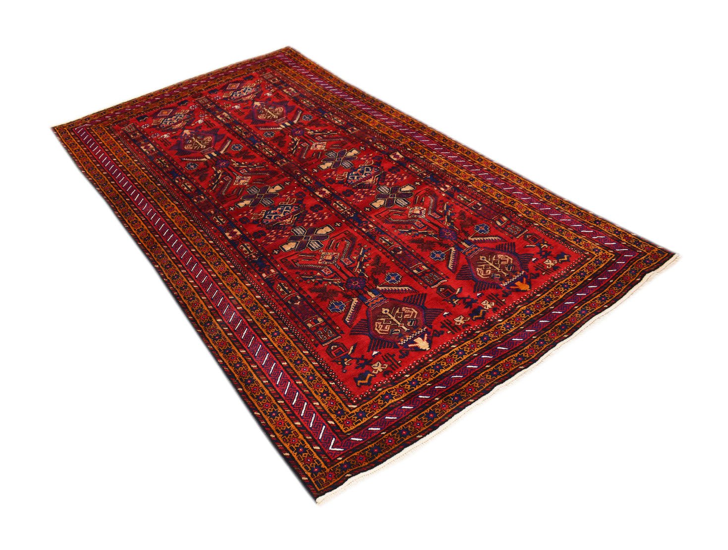 A vintage handmade Afghan Baluch rug featuring traditional geometric patterns in red and blue tones.