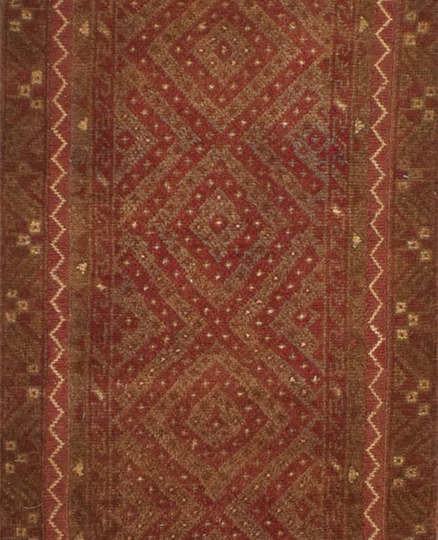 Handmade Afghan Mashwani runner featuring intricate geometric diamond patterns in red and brown.