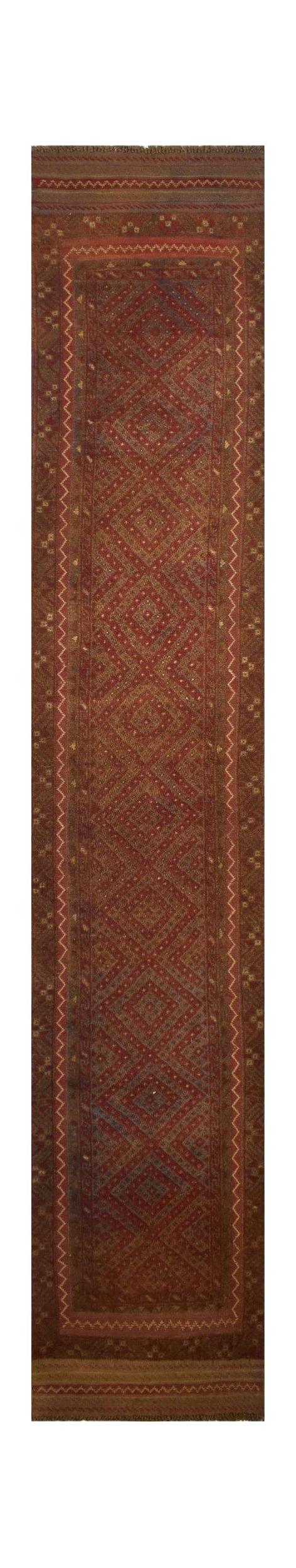 A handmade Afghan Mashwani runner featuring intricate geometric diamond patterns in red and brown.