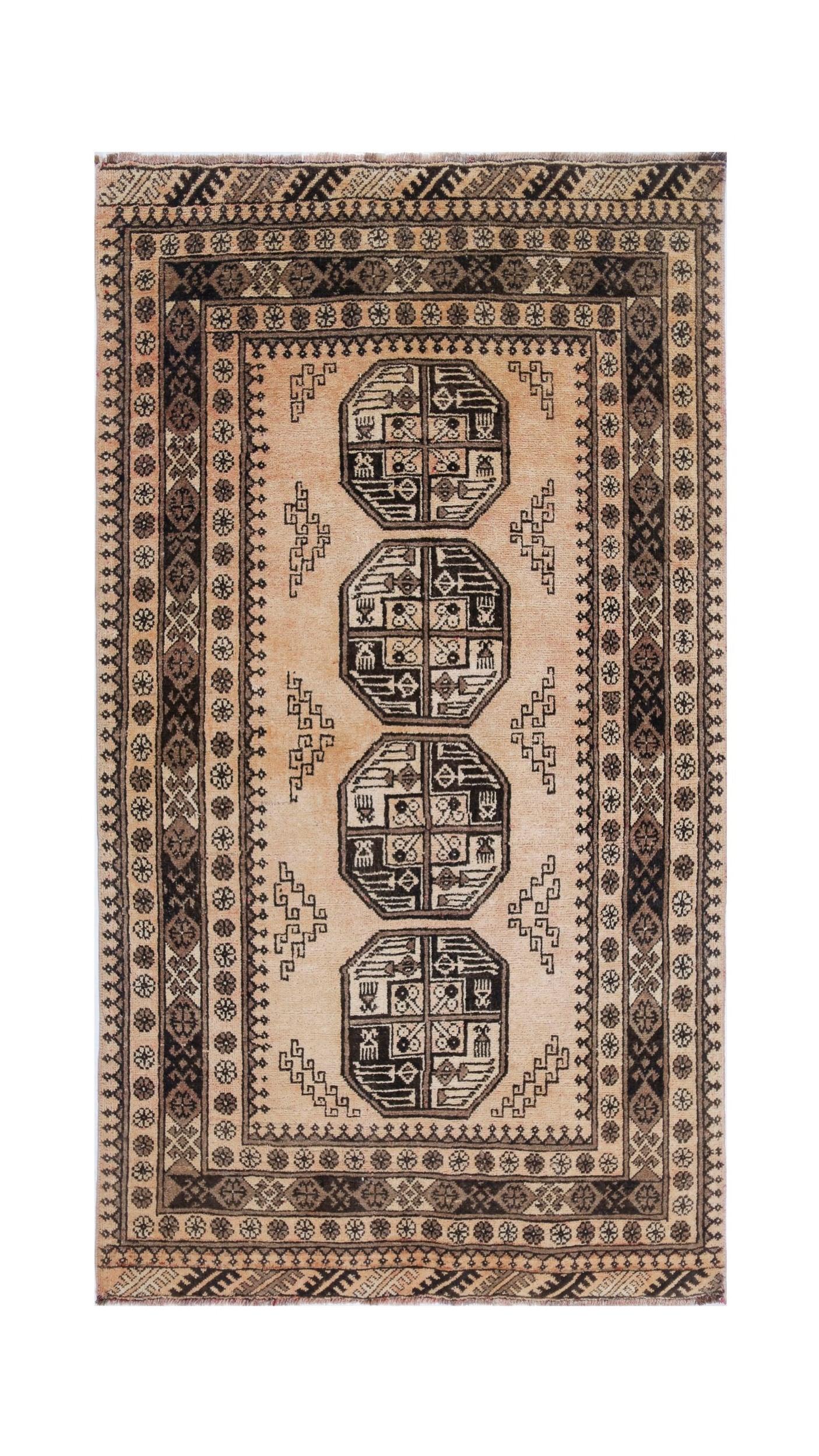 A vintage handmade Afghan Turkmen rug featuring four geometric medallions on a natural wool field.