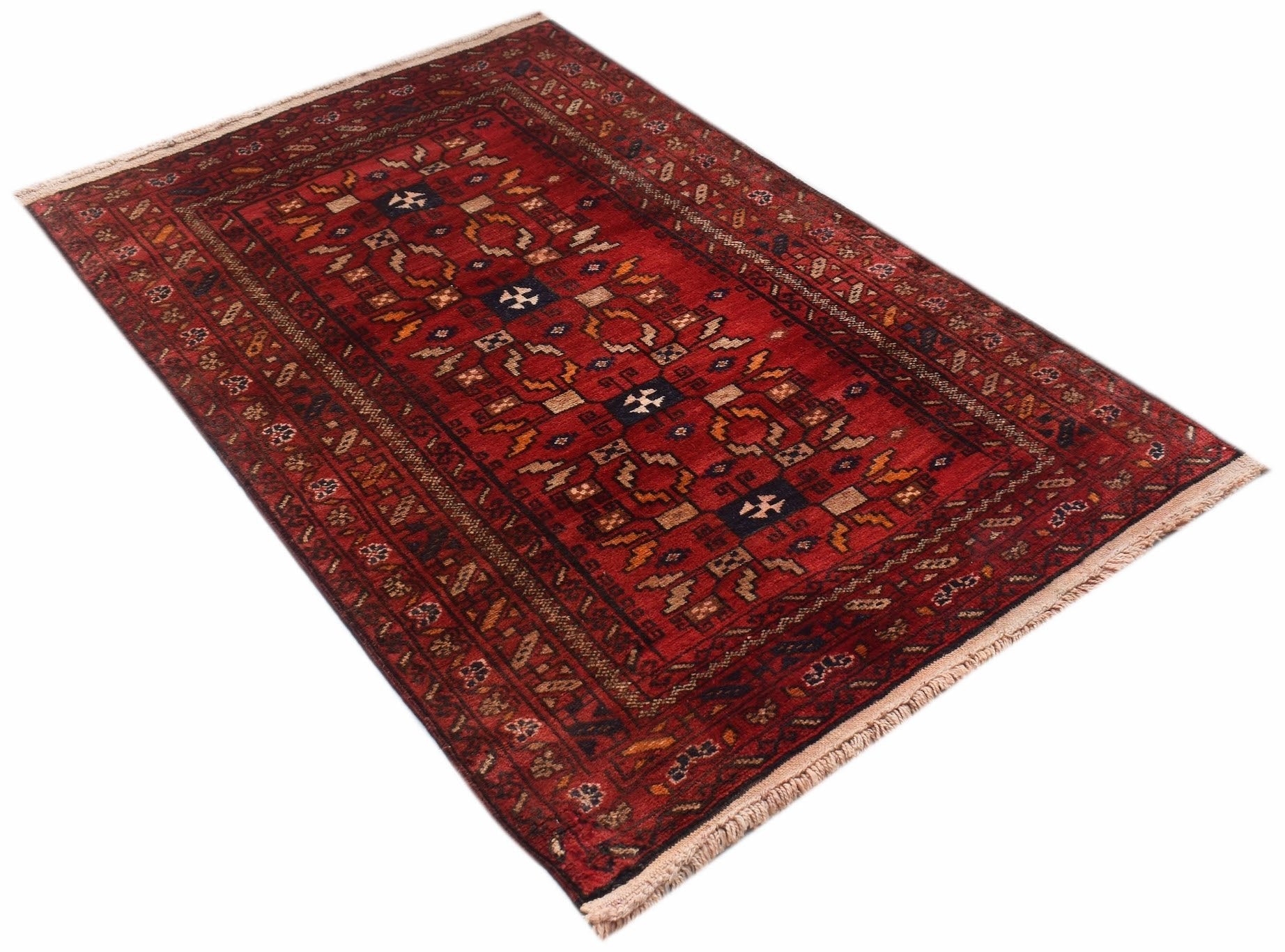 A vintage handwoven Afghan Baluch rug featuring a traditional geometric pattern in deep red tones.
