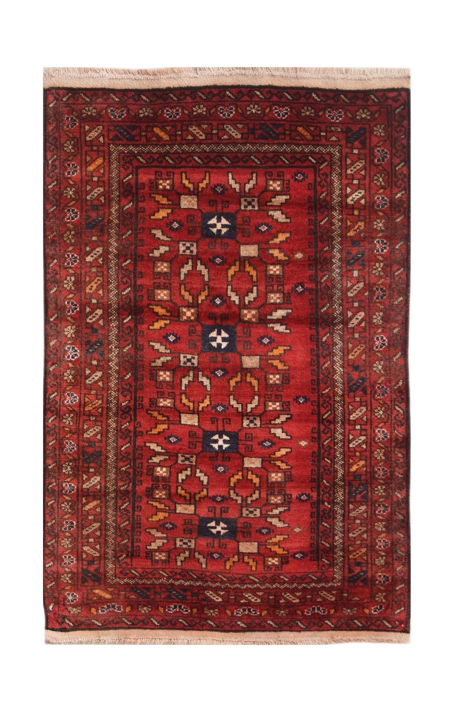 A vintage handwoven Afghan Baluch rug featuring geometric tribal patterns in shades of red.