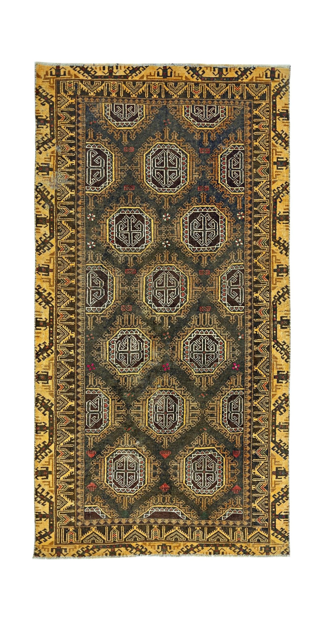 A vintage handwoven Afghan Baluch rug featuring geometric octagonal motifs on a dark field.