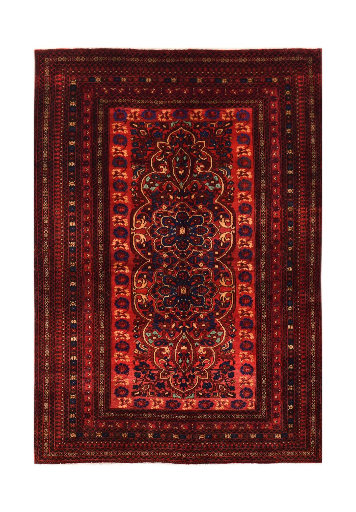 A handwoven vintage Afghan Baluch rug featuring a dark red field with intricate floral motifs.