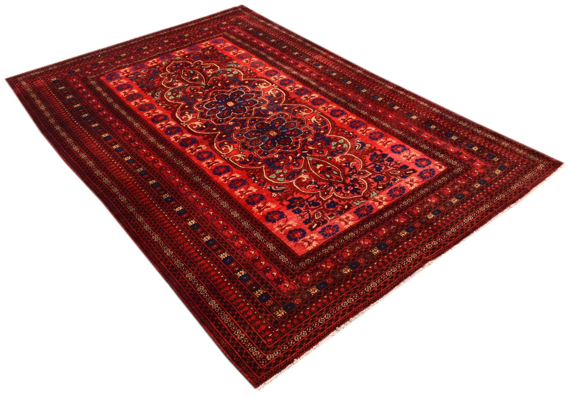 A vintage handwoven Afghan Baluch rug featuring traditional floral patterns in deep red tones.