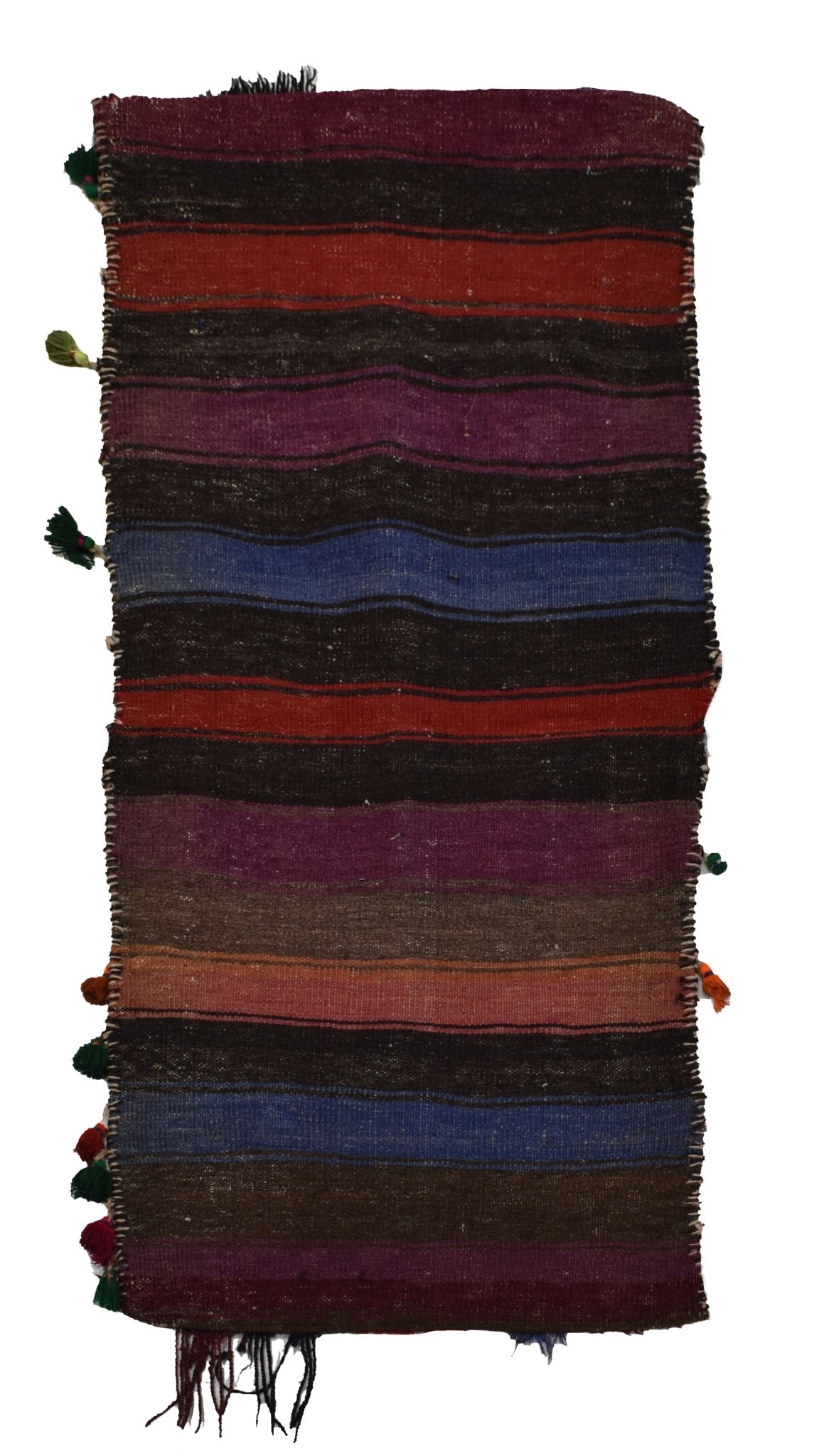 A vintage handmade Afghan wool saddle bag featuring horizontal stripes in various earthy colors.