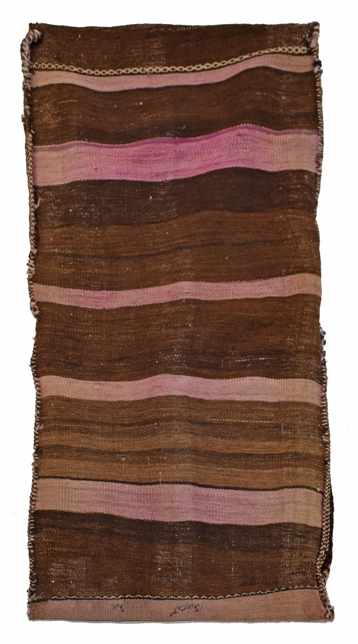 A vintage handmade Afghan wool saddle bag featuring horizontal brown and pink striped patterns.