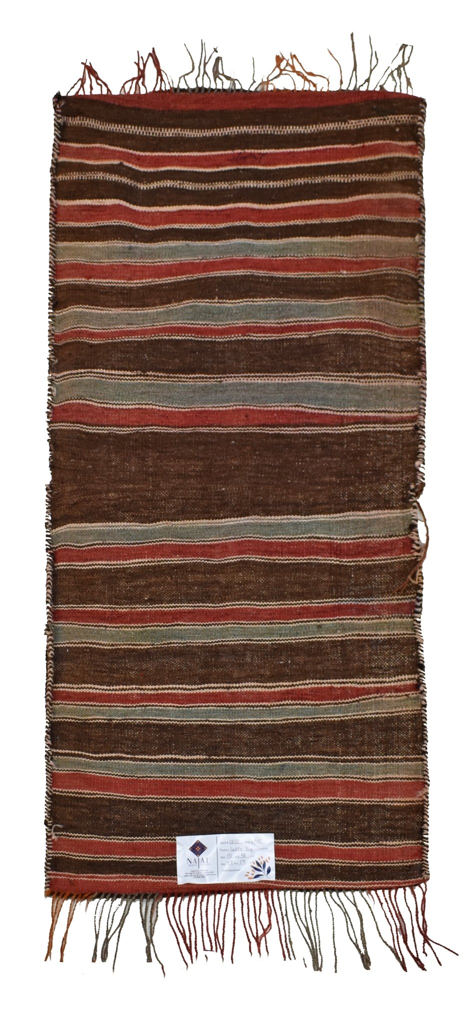 A handmade vintage Afghan saddle bag featuring horizontal stripes in brown, red, and blue wool.