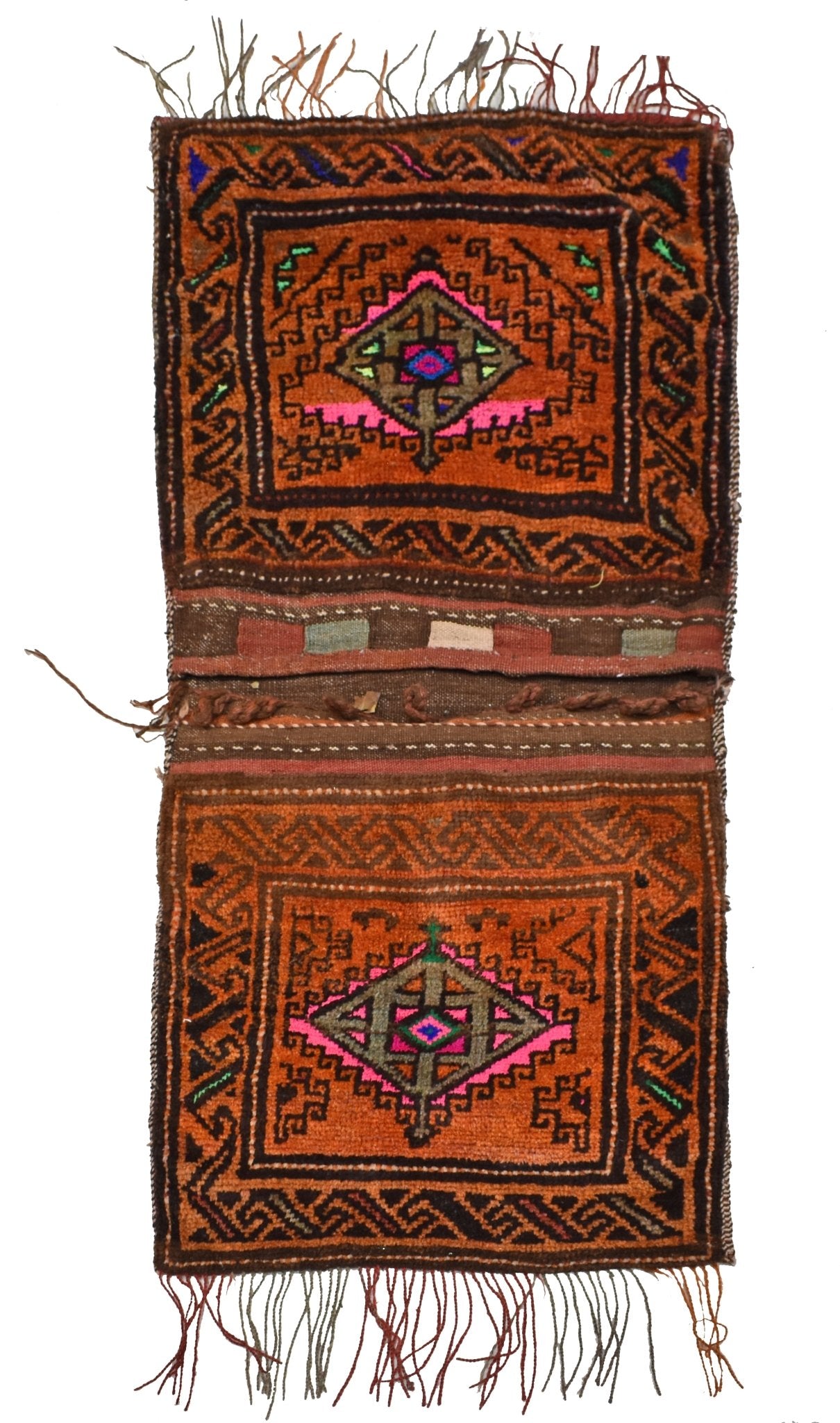A vintage handmade Afghan wool saddle bag featuring two square panels with geometric patterns.