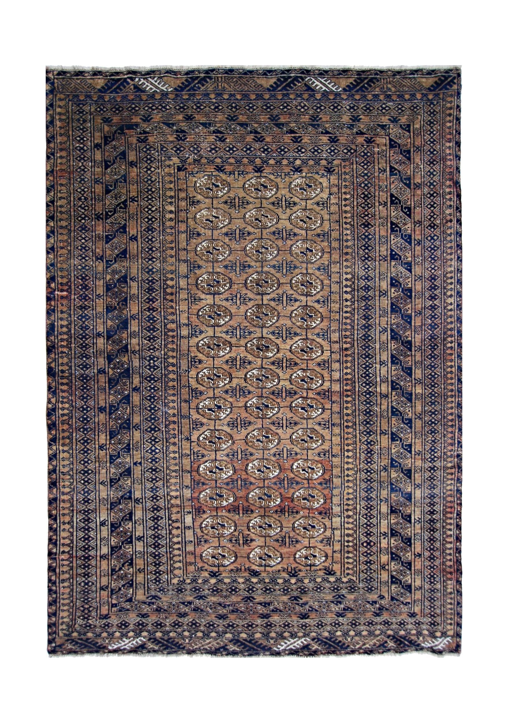 Handmade Vintage Afghan Turkmen Bokhara Rug | 218 x 158 cm | 7'2" x 5'2" - Najaf Rugs & Textile