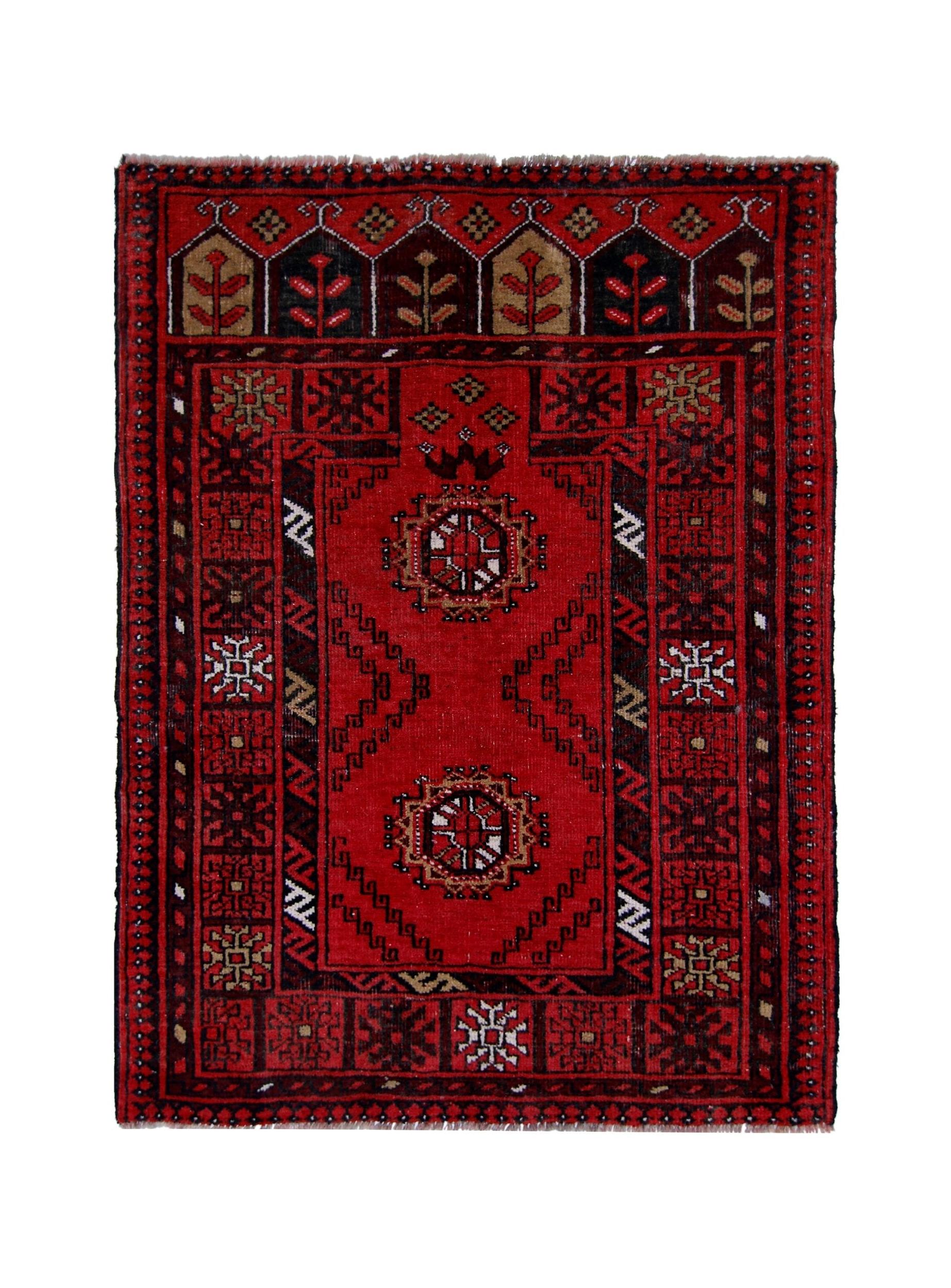 Handmade Vintage Afghan Turkmen Prayer Rug | 100 x 78 cm | 3'3" x 2'7" - Najaf Rugs & Textile