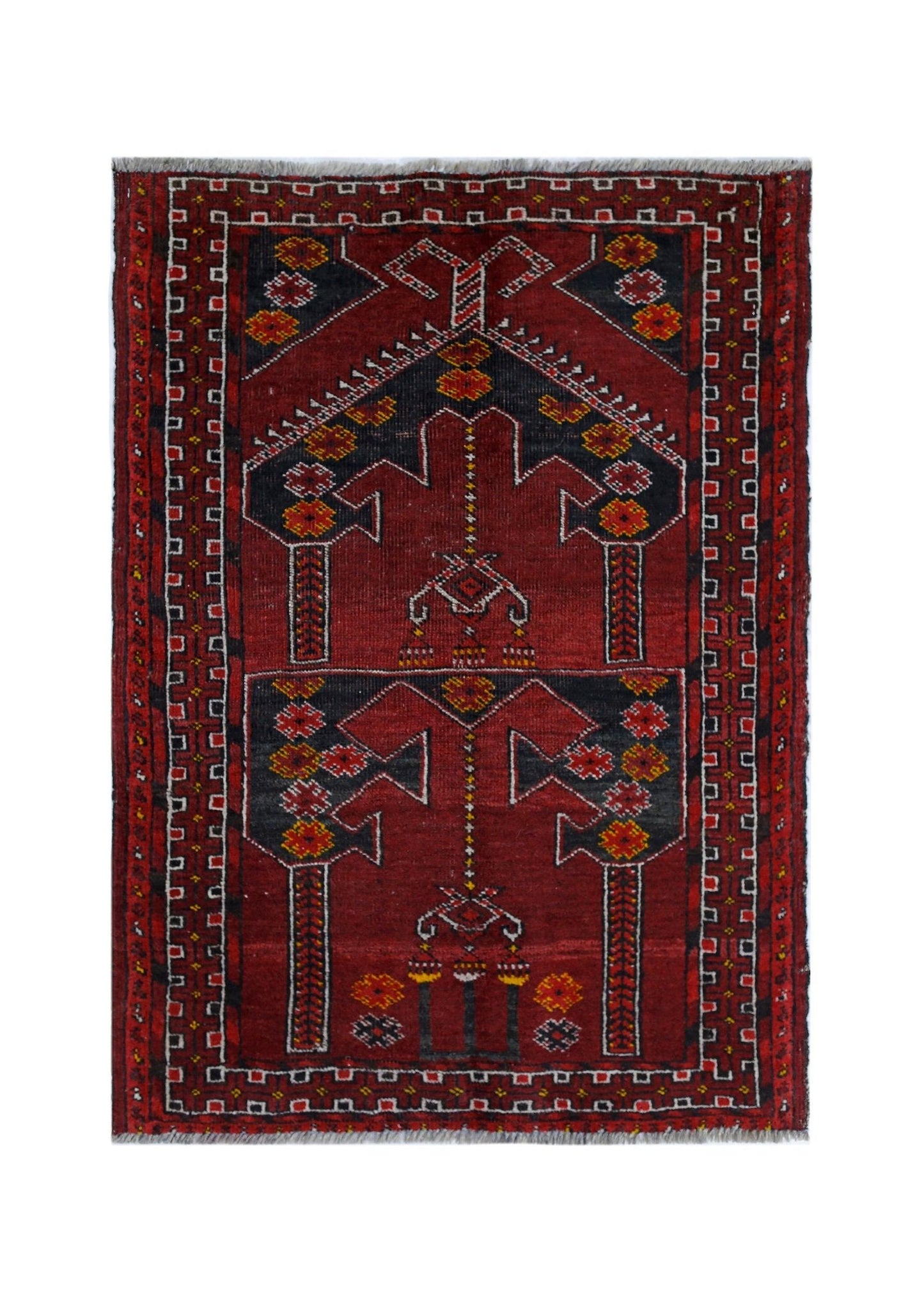 Handmade Vintage Afghan Turkmen Prayer Rug | 102 x 75 cm | 3'4" x 2'5" - Najaf Rugs & Textile