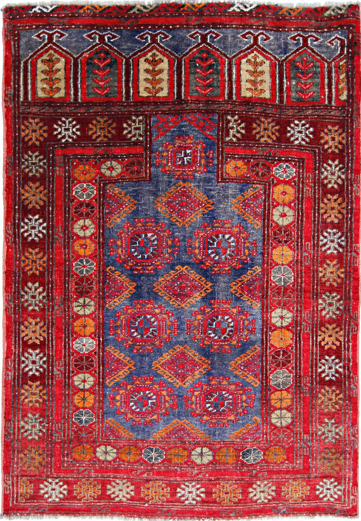 Handmade Vintage Afghan Turkmen Prayer Rug | 111 x 77 cm | 3'8" x 2'6" - Najaf Rugs & Textile