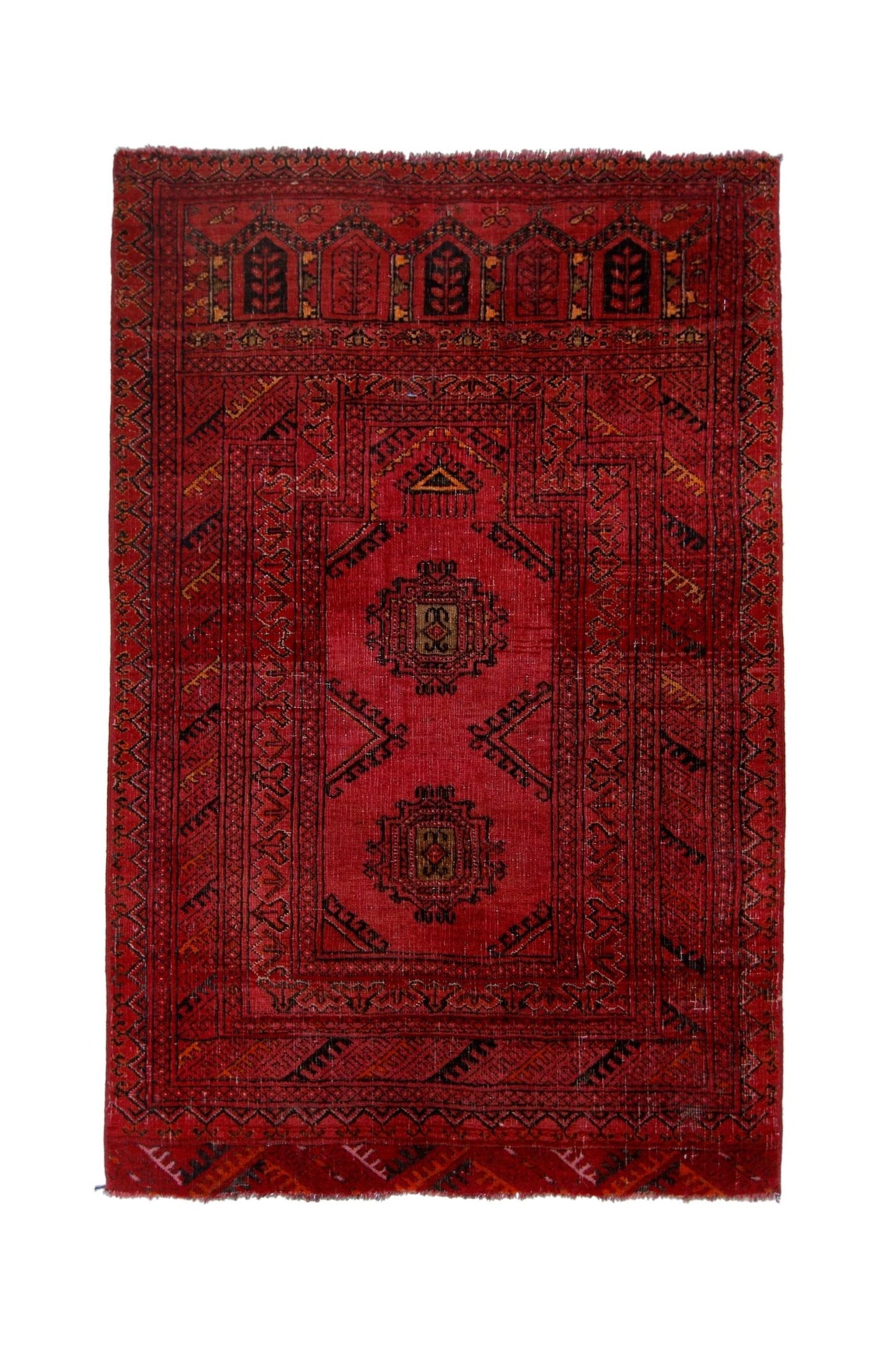 Handmade Vintage Afghan Turkmen Prayer Rug | 116 x 75 cm | 3'10" x 2'5" - Najaf Rugs & Textile