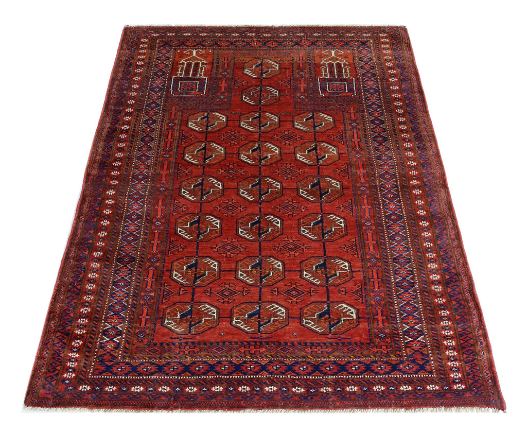 Handmade Vintage Afghan Turkmen Prayer Rug | 128 x 91 cm | 4'2" x 3' - Najaf Rugs & Textile