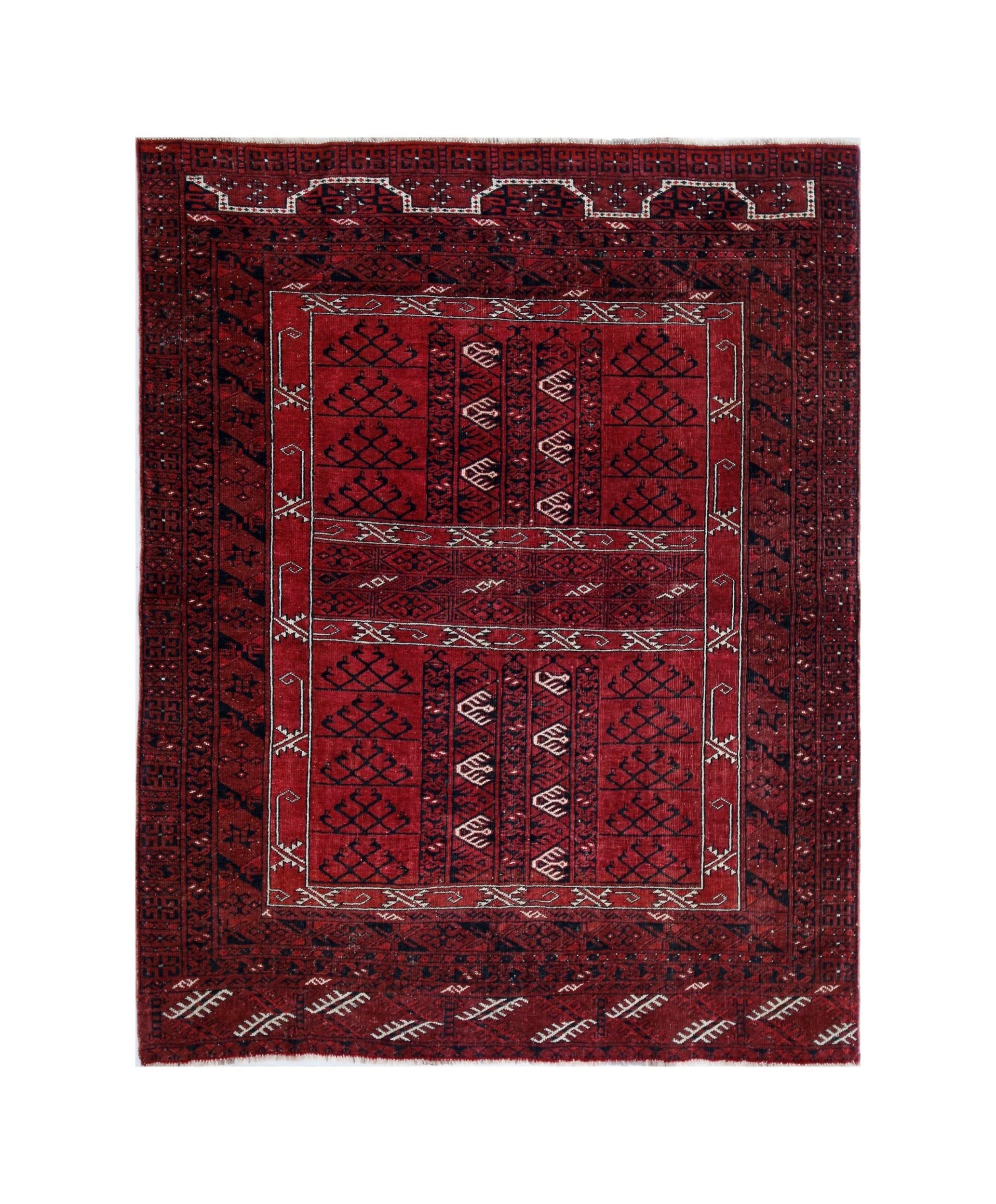 A vintage handwoven Afghan Turkmen Engsi rug featuring geometric patterns in deep red and blue.
