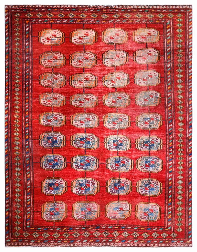 Handmade Vintage Afghan Turkmen Rug | 279 x 230 cm | 9'2" x 7'6" - Najaf Rugs & Textile