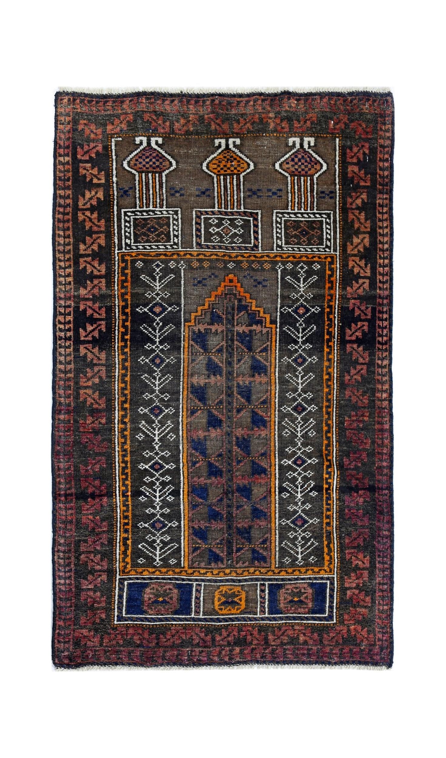 Handmade Vintage Balouch Prayer Rug | 130 x 78 cm | 4'3" x 2'7" - Najaf Rugs & Textile