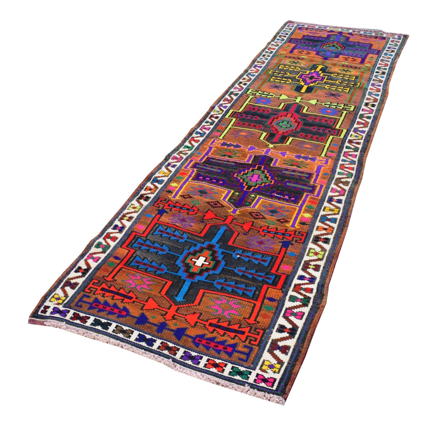 A vintage Kurdish Herki runner featuring a vibrant, multi-colored tribal geometric pattern.