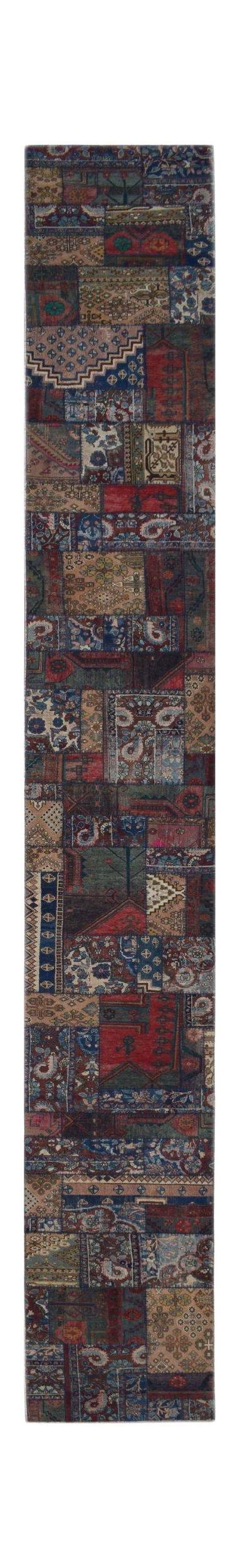 A long, rectangular runner rug featuring a vintage patchwork design of various ornate patterns.