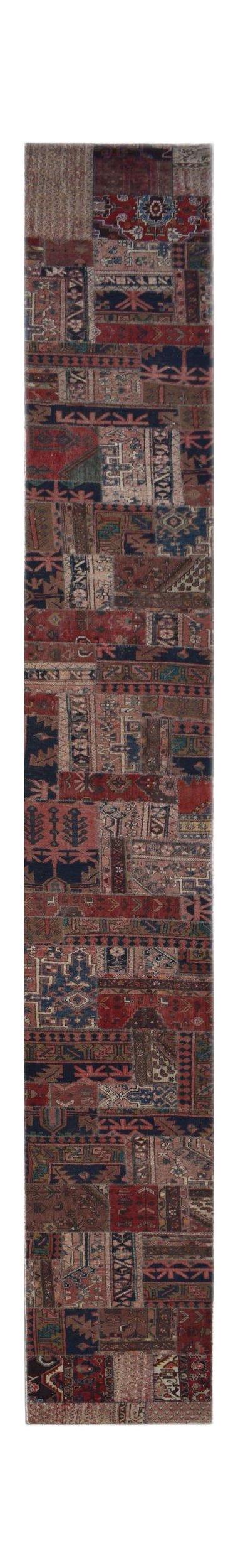 A handmade Afghan wool runner rug featuring a vintage patchwork design in varied earthy tones.
