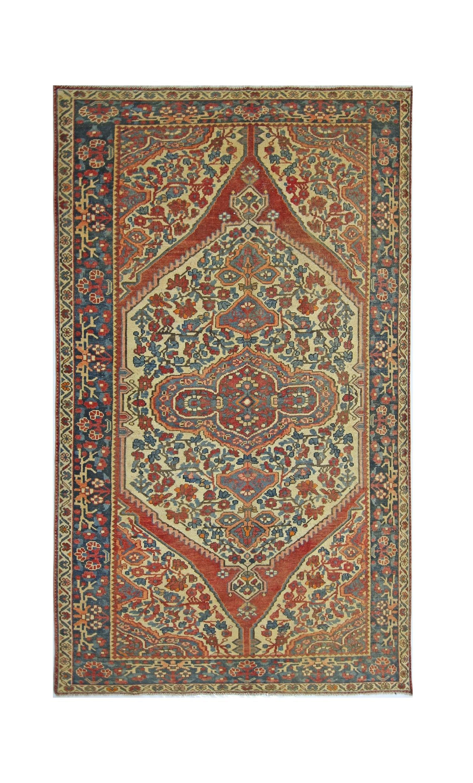 A vintage Persian Bakhtiari rug featuring a central medallion with intricate floral patterns.