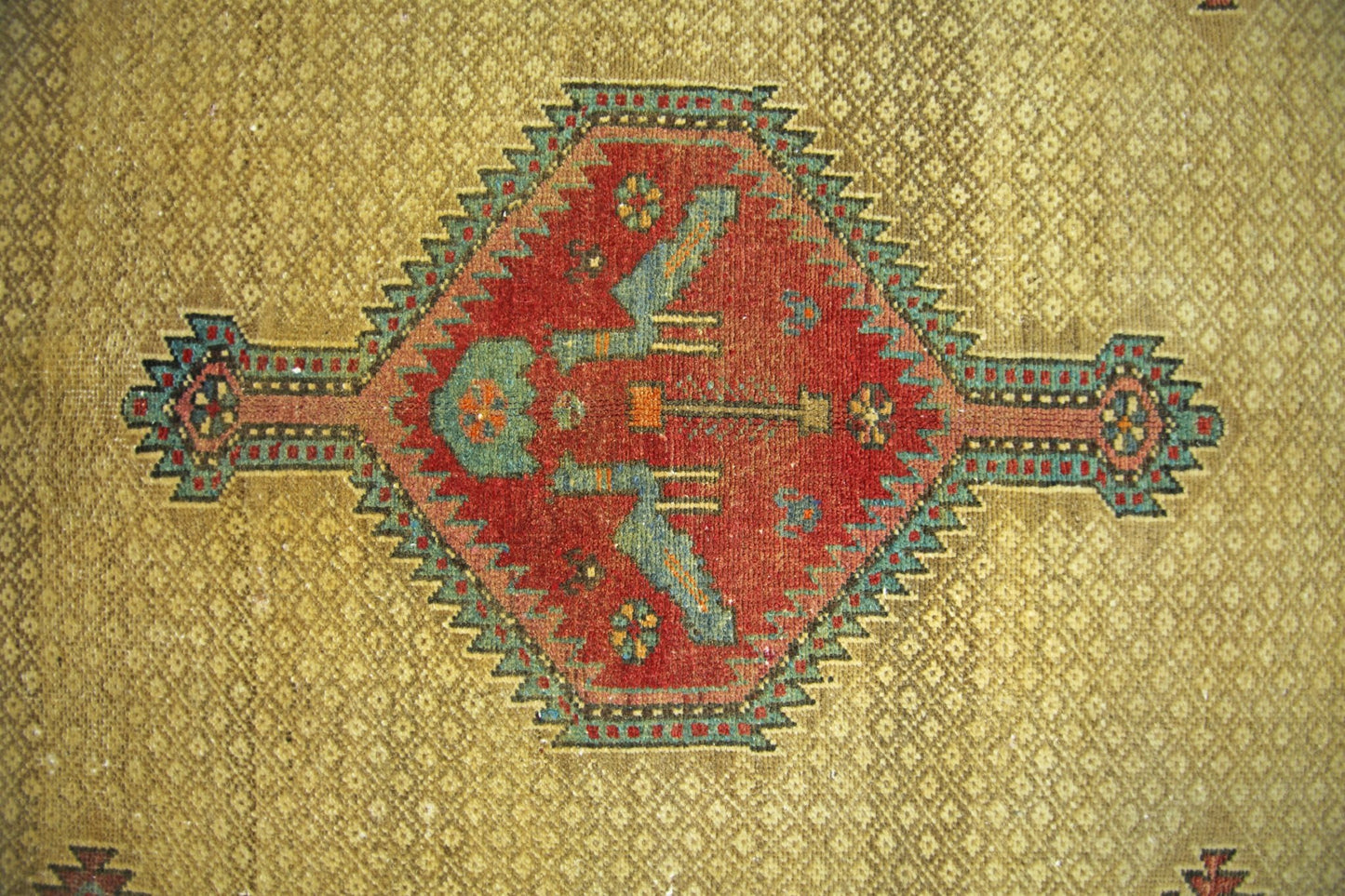 A vintage Persian Bibikabad rug featuring a central red medallion with geometric motifs.