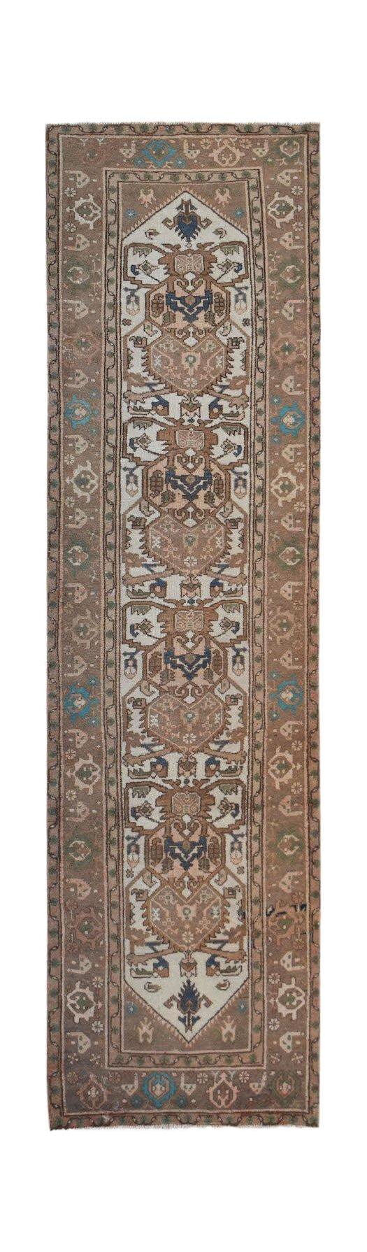 A vintage handwoven Persian Hamadan runner featuring a geometric pattern in brown and cream tones.