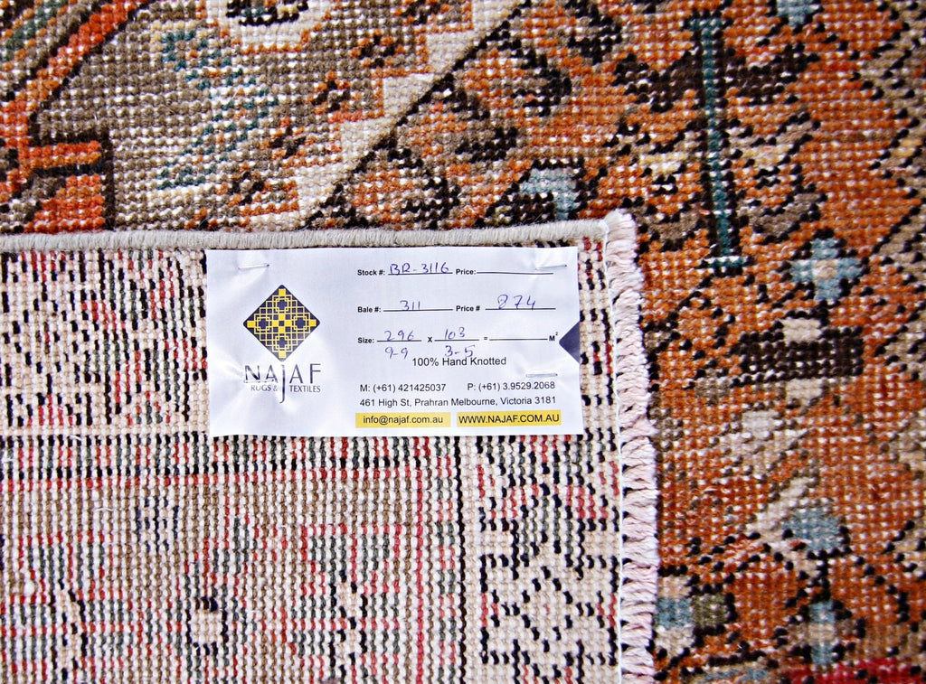 Handmade Vintage Persian Hallway Runner | 296 x 103 cm | 9'9" x 3'5" - Najaf Rugs & Textile