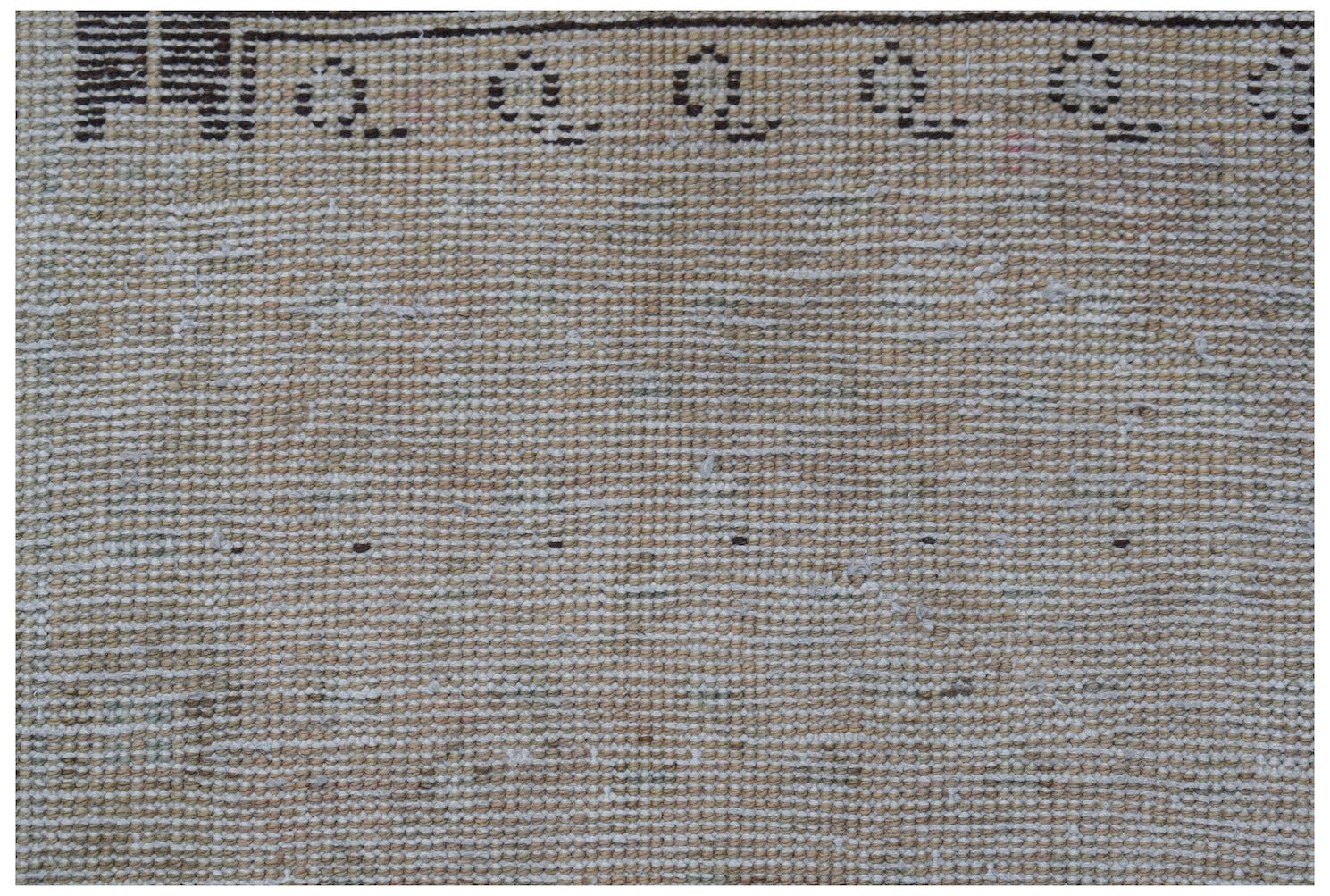 A close-up of a vintage Persian runner featuring a beige wool pile with a dark patterned border.