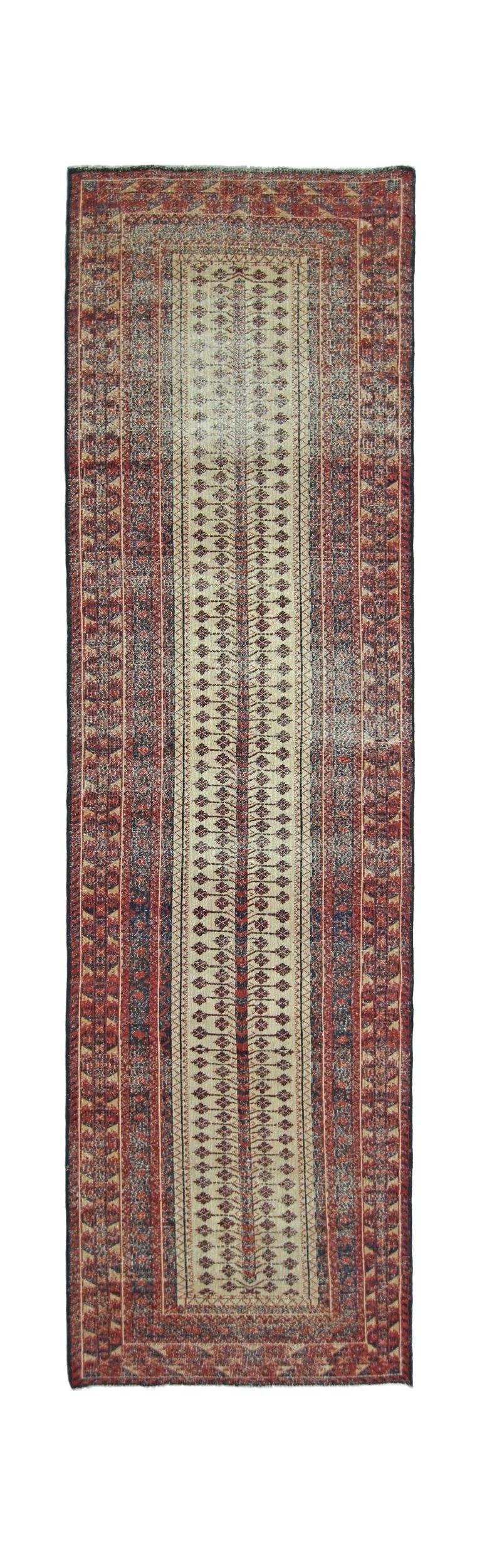 A vintage Persian Bakhtiari runner featuring a central floral vine pattern on a cream field.