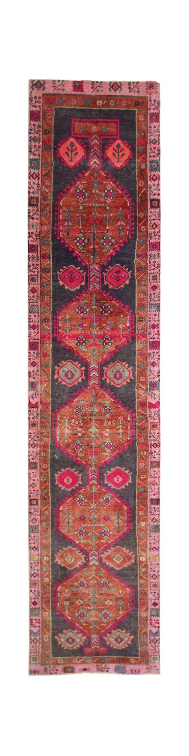 A vintage Persian Hamadan runner featuring geometric medallions in red and dark blue tones.